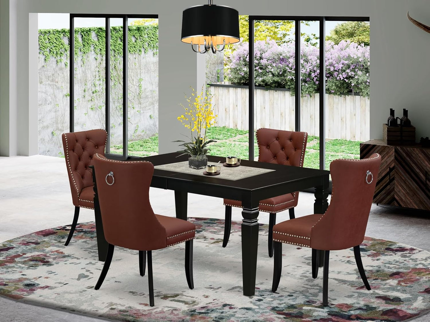 East West Furniture LGDA5-BLK-26 5 Piece Dining Table Set Includes a Rectangle Wooden Table with Butterfly Leaf and 4 Polyester Fabric Parson Chairs, 42x84 Inch, Black