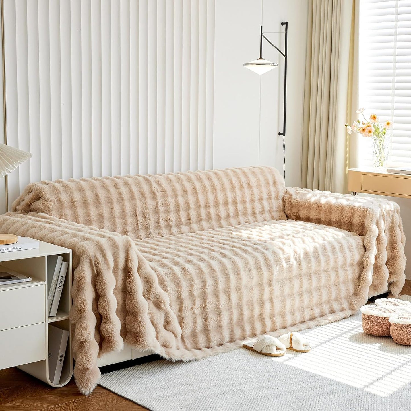 Thick Faux Rabbit Fur Couch Cover 1-Piece Non-Slip Warm Soft Cozy Sofa Covers,Fluffy Plush Sofa Slipcover Furniture Protector for Kids,Pets(Khaki,71" x 118")