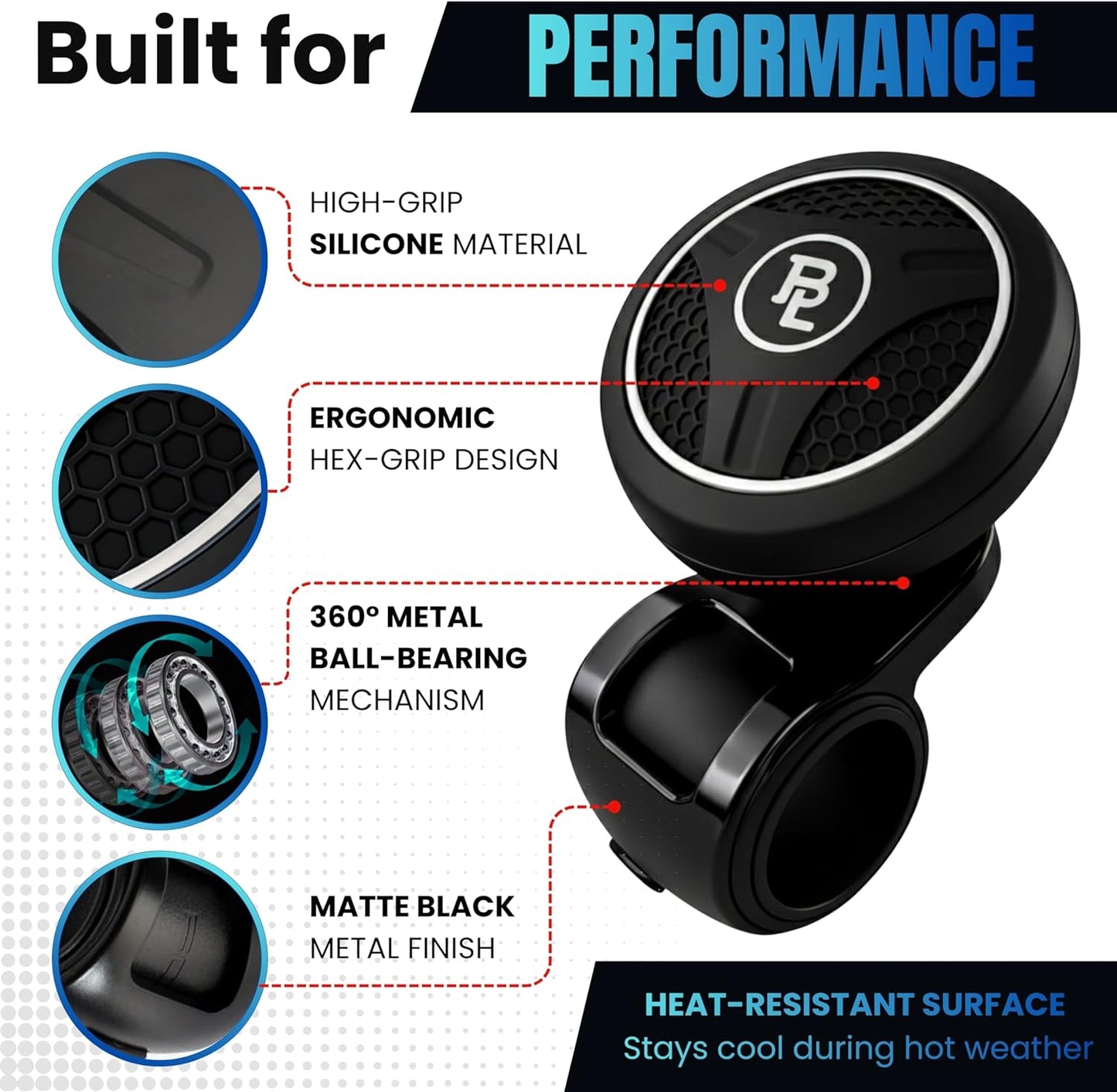 BL Steering Wheel Knob Spinner - Universal Non-Slip Fit, ABS & Premium Silicone Finish Suicide Knob with Metal Ball Bearing - Ideal for Cars, Trucks, Boats (Silicone Silver)