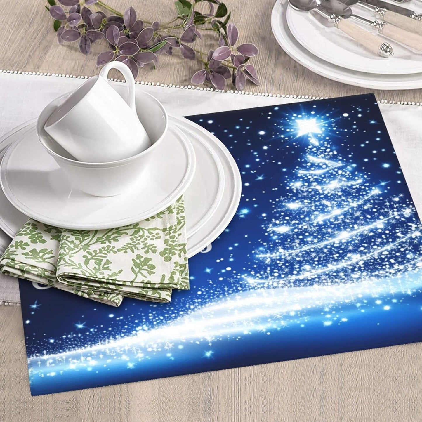 Dish Drying Mat for Kitchen Merry Christmas Blue Tree Counter Absorbent Dishes Drainer Microfiber Small 16x18 Inch