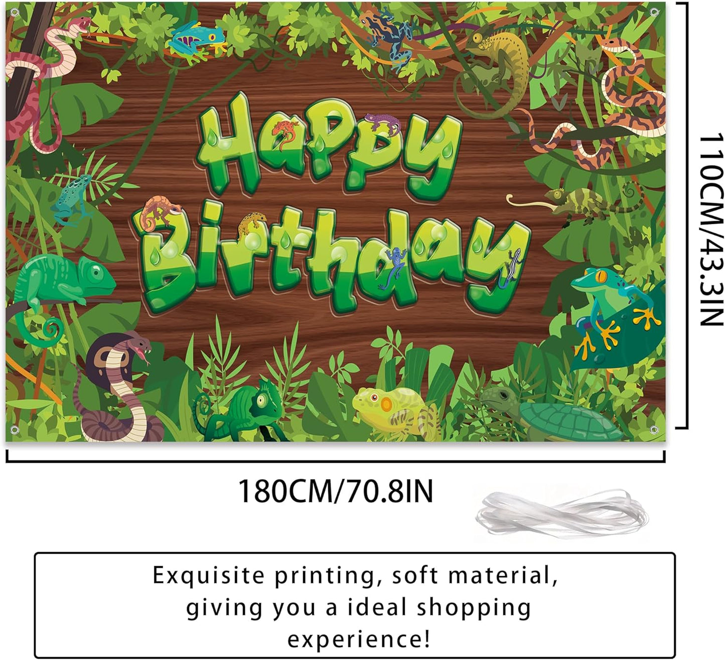 Reptile Jungle Birthday Banner Backdrop - Vinyl Photo Background with Snakes Frogs Chameleons Lizard, Reptile Theme Birthday Party Decorations for Kids Boys Girls
