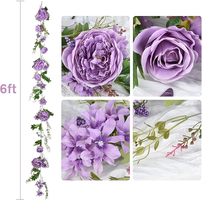 DearHouse Artificial Peony Flower Garland - 6ft/Strand Silk Peony Garland with Pink Flowers for Wedding Party Table Decoration,Deep Ruby (Wisteria)