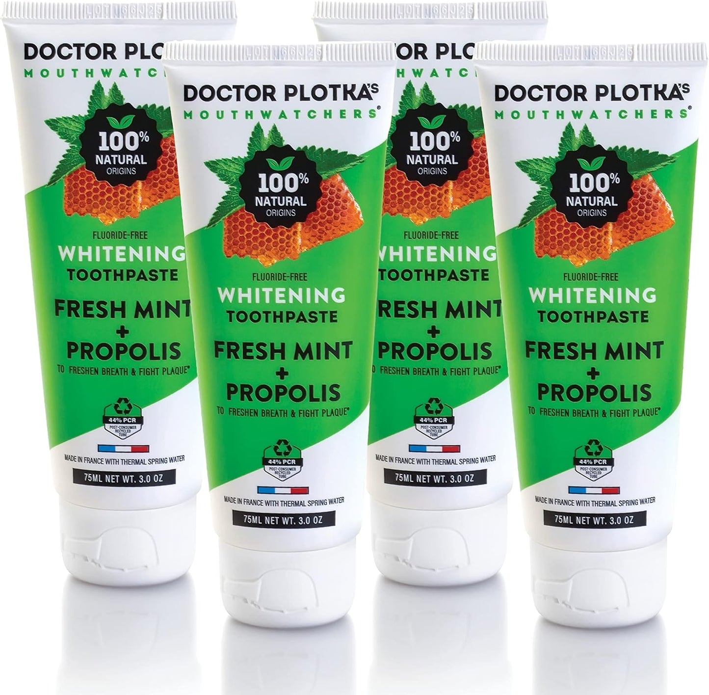 MOUTHWATCHERS Whitening Fluoride Free Naturally Sourced Toothpaste, 4 Tubes, 3 oz Each, for Sensitive Teeth and Gums, Fresh Organic Mint and Propolis, by Dr. Plotka's