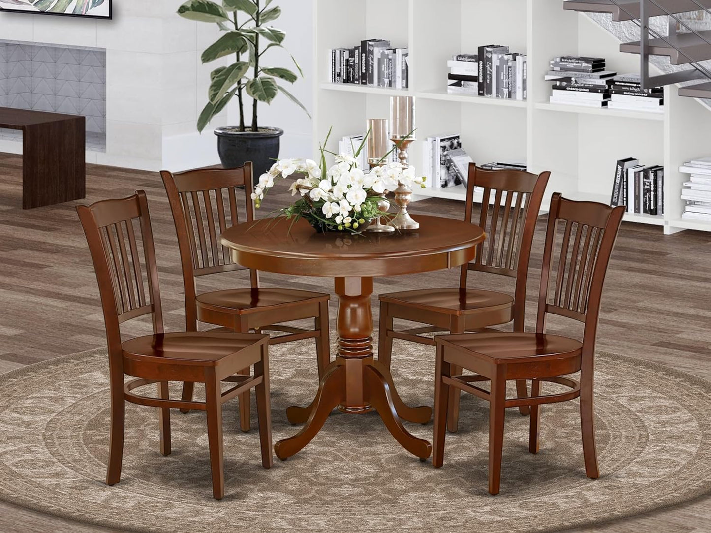 East West Furniture ANGR5-MAH-W 5 Piece Dining Room Table Set Includes a Round Kitchen Table with Pedestal and 4 Dining Chairs, 36x36 Inch, Mahogany