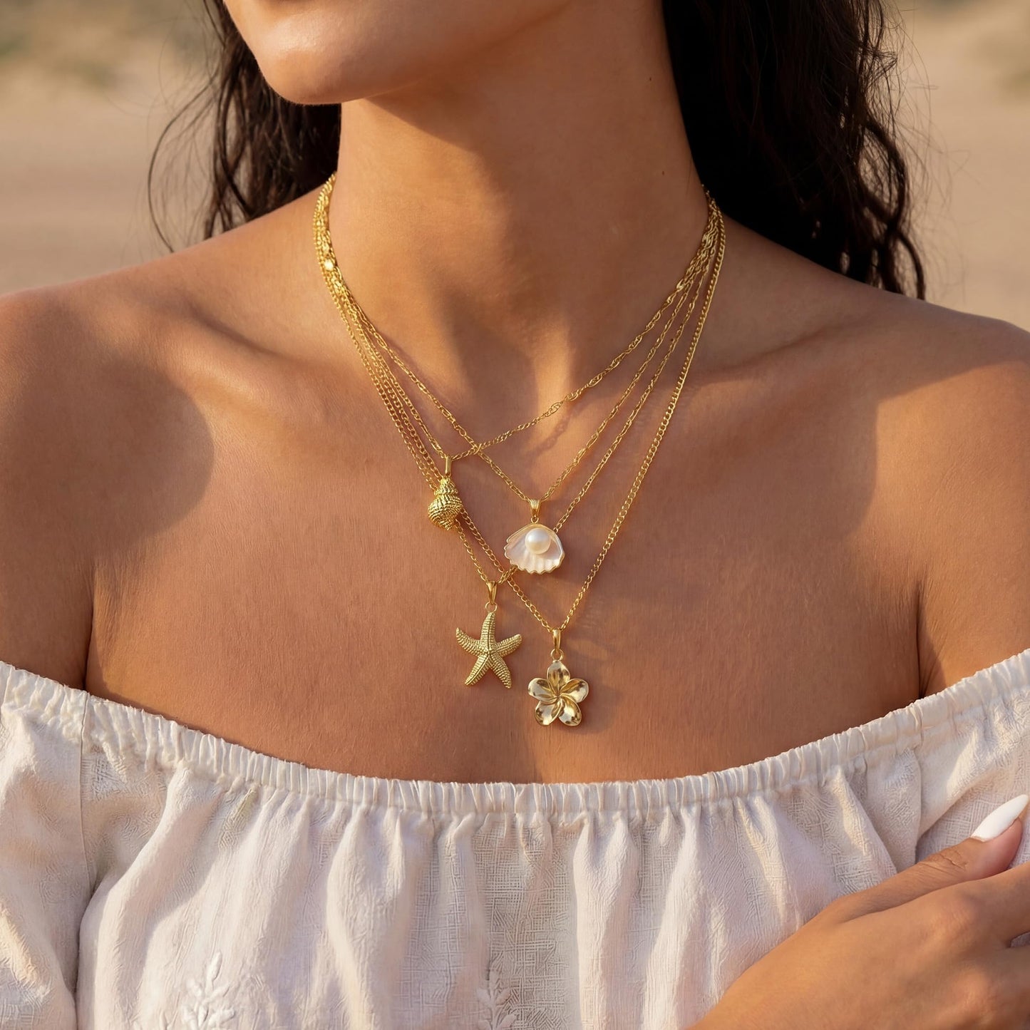 Shell Starfish Necklace for Women, Gold Plated Boho Layered Pendant Necklace with Pearl Conch Charm, Dainty Coastal Summer Beach Vacation Jewelry Gifts(Flower)