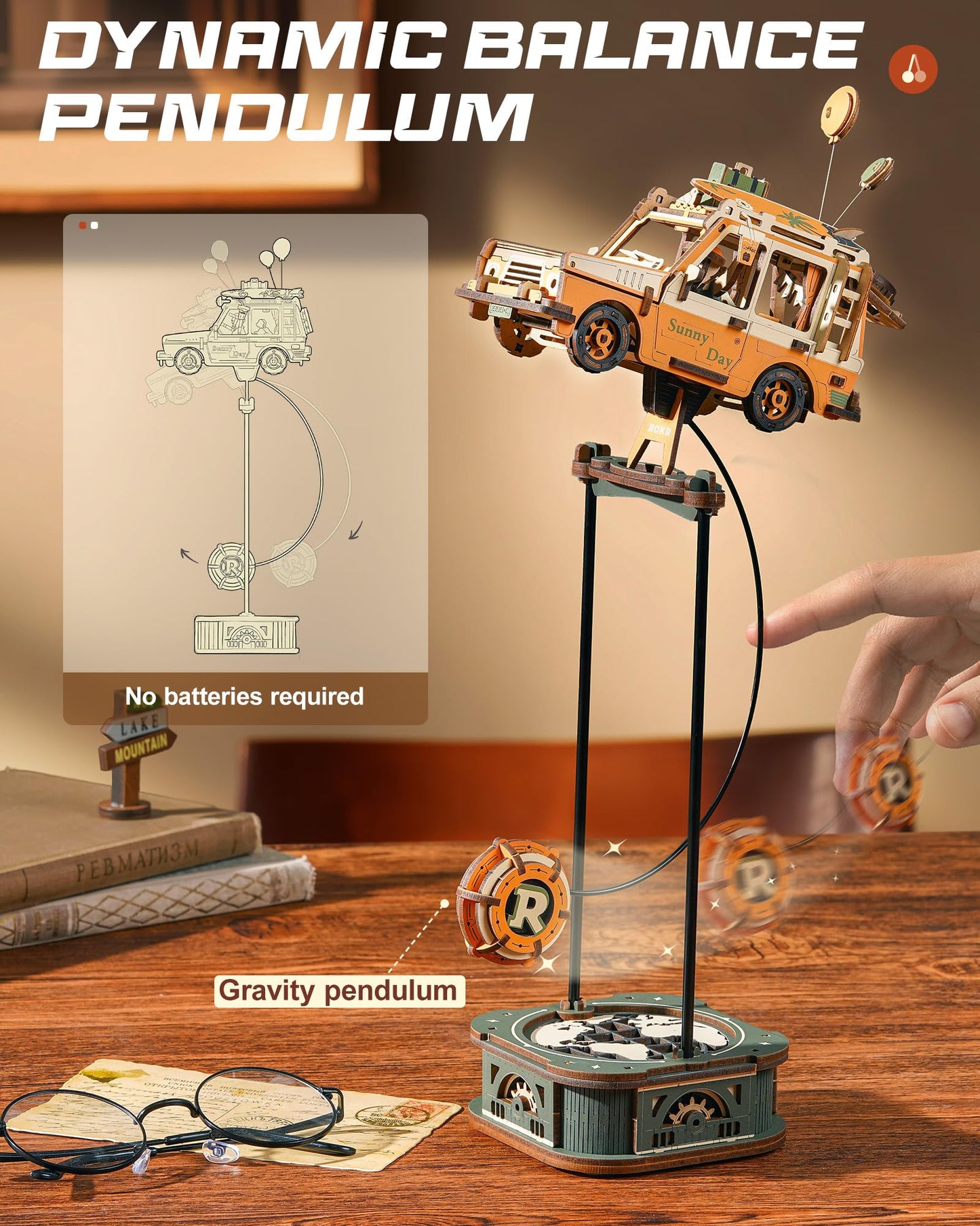 ROKR Pendulum Balance Toy, 3D Wooden Puzzles for Adults, Retro Road Tripper Car, DIY Craft Wood Puzzle Kit, Unique Gift for Men Women