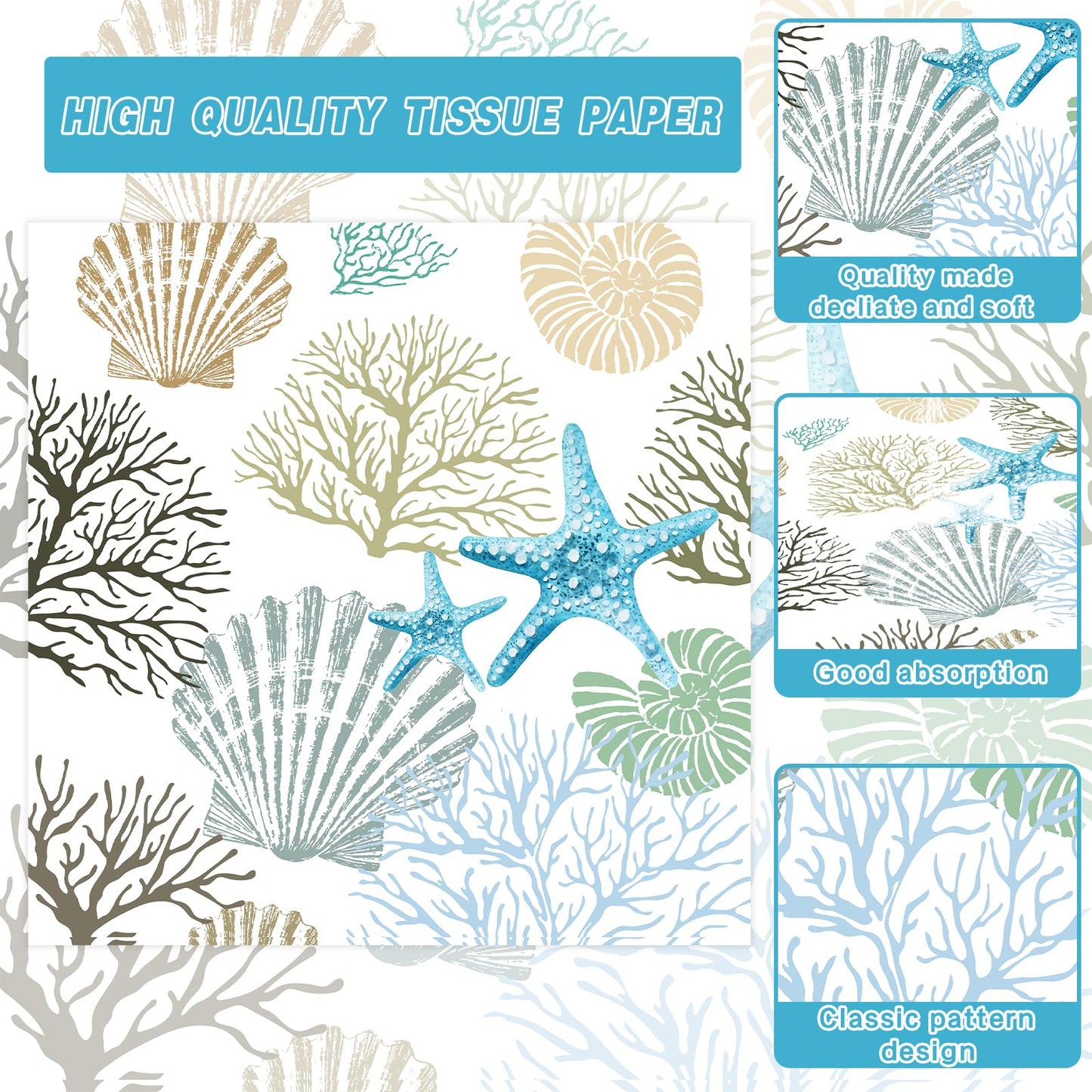 140Pcs Ocean Seashell Coastal Beach Starfish Coral Party Plates Supplies Tableware Decorations Disposable Paper Plates Napkins Forks for Birthday Summer Baby Shower, Serves 20