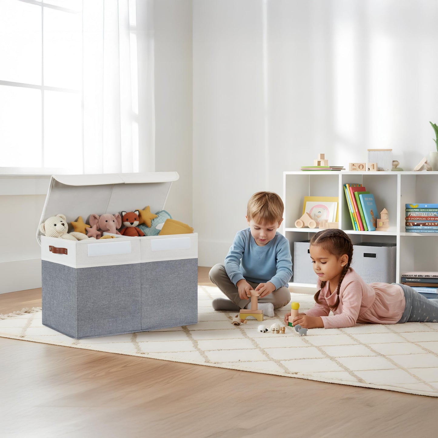DECOMOMO Large Toy Storage Box with Lid - 25L x 12W x 16H inches Toy Chest Storage Bin with Divider for Kids, Nursery, Playroom (Grey & White)
