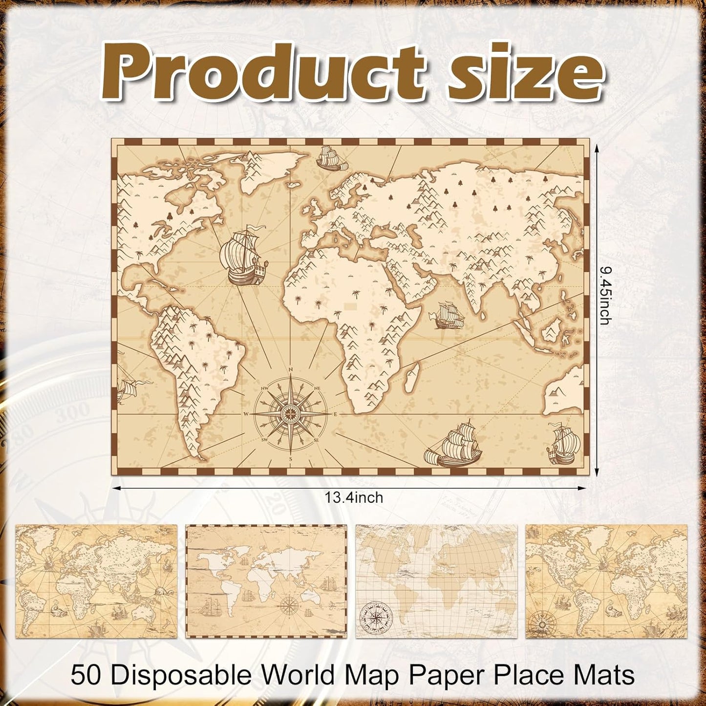 Eaasty 50 Disposable World Map Paper Placemats Vintage World Map for Old Paper Retro Style Decorative Travel Adventure Table Mat for Geography Learning Education Traveler Theme Crafts (13.4 x 9.45'')