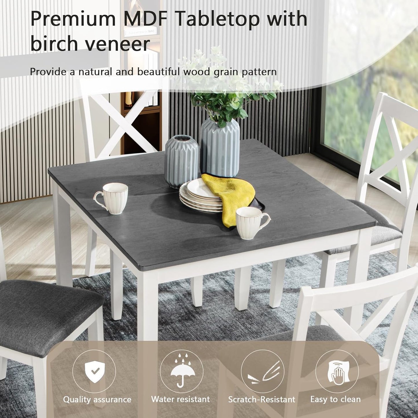 KEIKI 5-Piece Standard Height Dining Table Set with Square Table and 4 X-Shaped Backrest Upholstered Chair, for 4 Person, Modern Wooden Table Set, Easy Assembly, for Kitchen, Dining Room, White+Gray