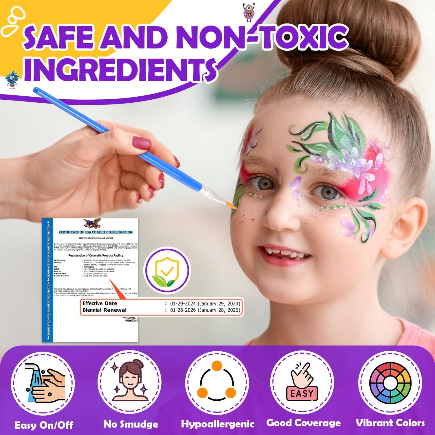Face Painting Kit for Kids, 24 Colors Water Based Non-Toxic Face Paint with Stencils & Brushes, Professional Body Makeup Set for Halloween, Birthday, Parties with Guide Book Art and Craft Art Supplies