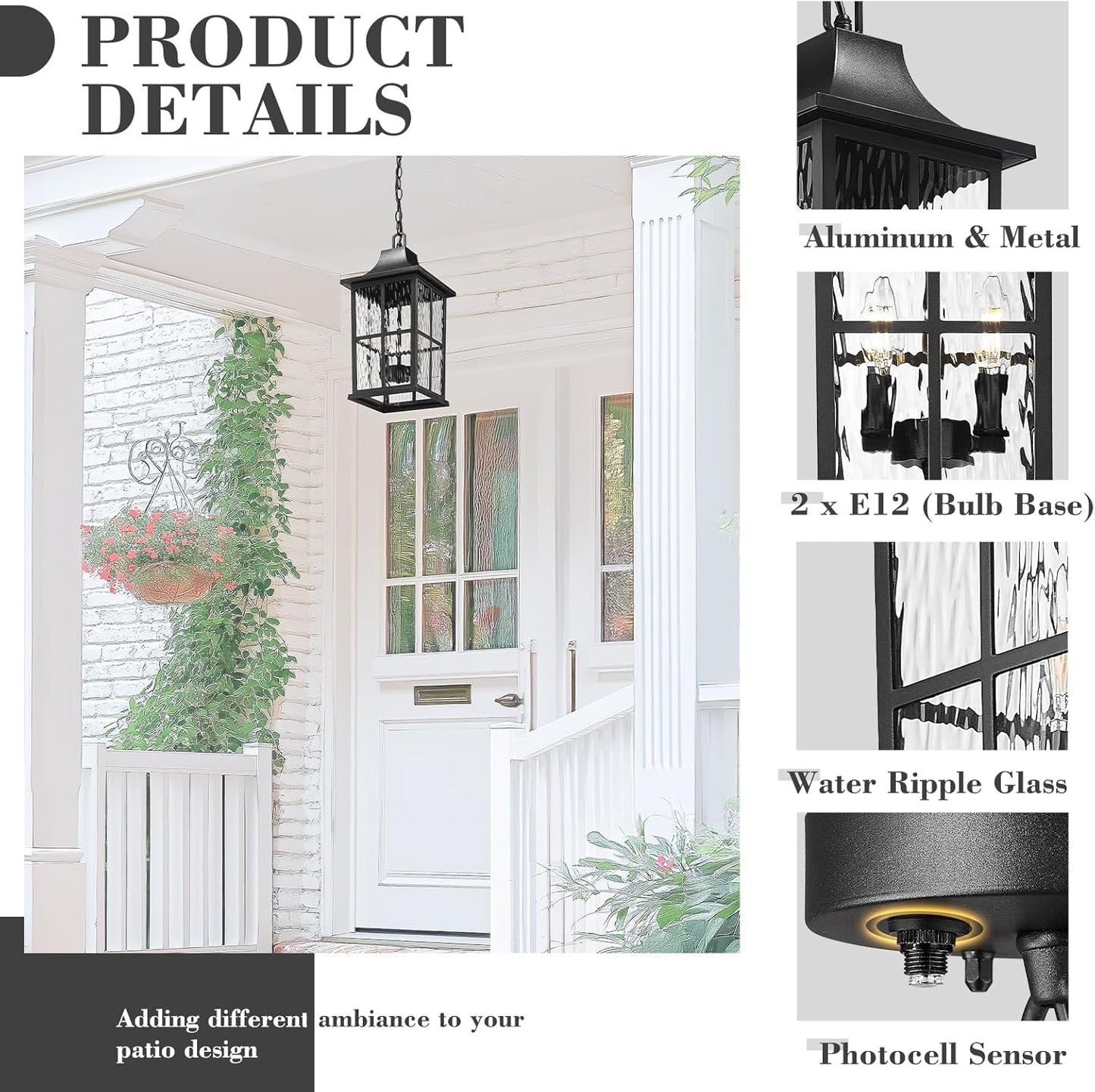 Emliviar 15.4 Inch Adjustable Exterior Lantern Hanging Light, Dusk to Dawn Sensor Hanging Lantern Light Fixture, Water Ripple Glass, 2 x E12 Bulb Base, YXE306H-M-PC BK-SW