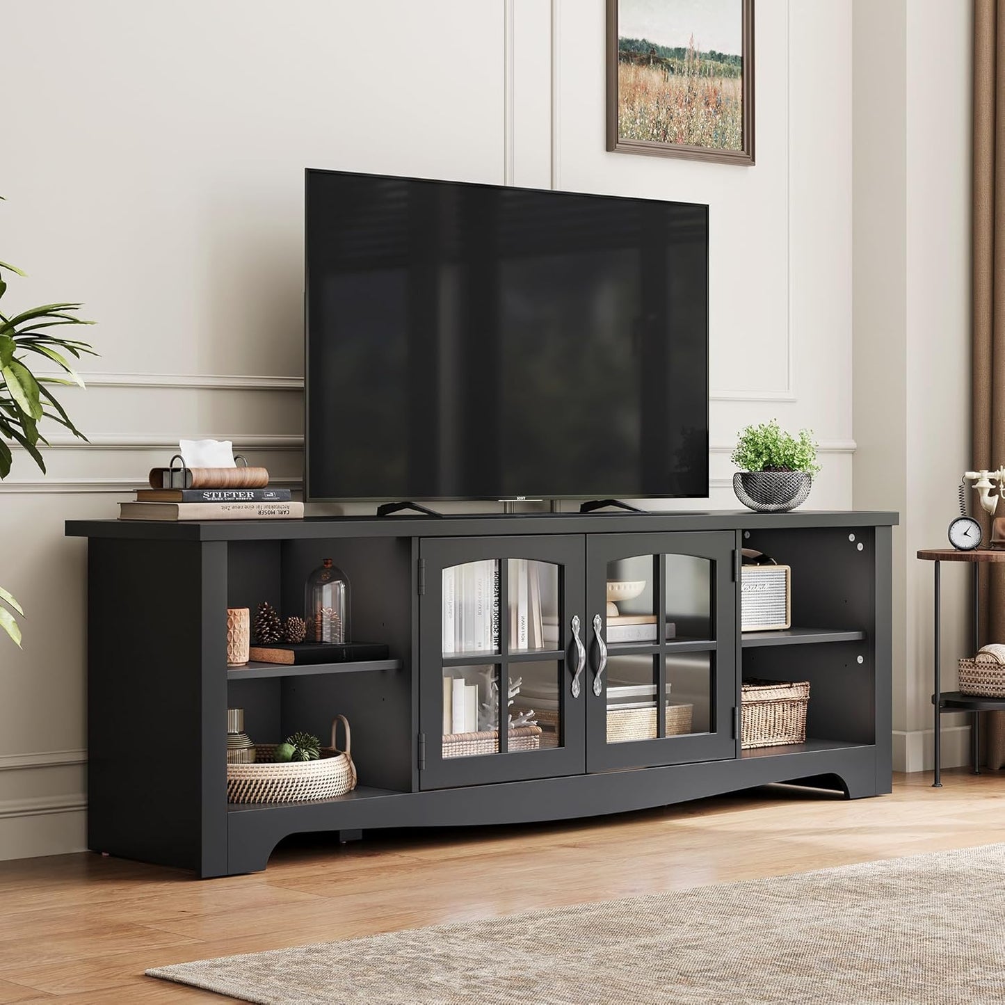 LINSY HOME TV Stand for 75 Inch TV, Modern Farmhouse Entertainment Center with Storage Cabinets and Glass Doors, Tall Media Console Table for Living Room, Bedroom, Large Long Television Stand, Black