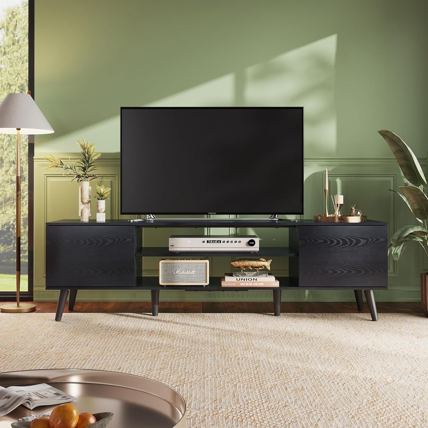WLIVE TV Stand for 65 70 inch TV, Entertainment Center with Storage Cabinets, Rustic TV Console for Living Room Decor, Black