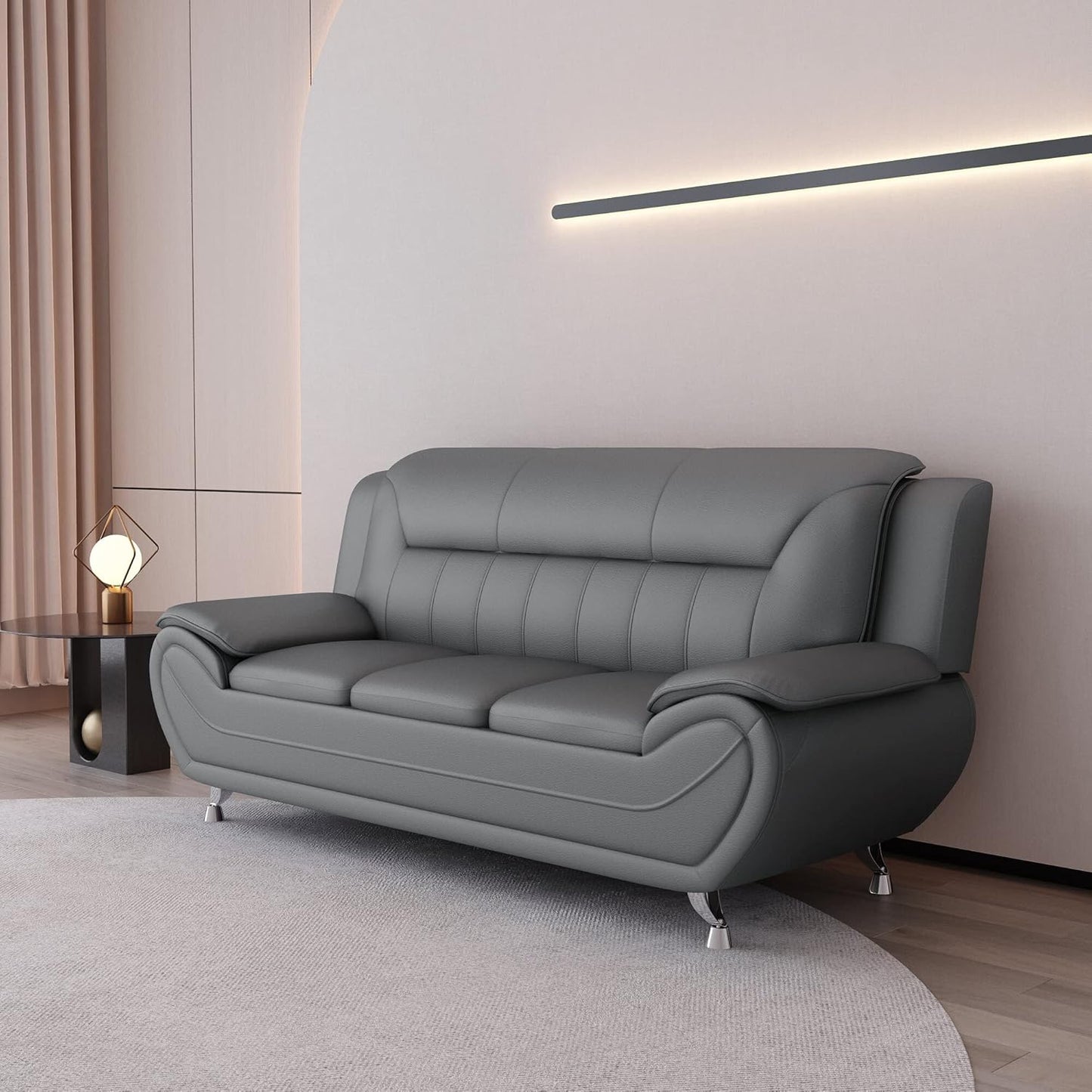 Container Furniture Direct Michael Modern Faux Leather Upholstered Stainless Steel Legs Living Room Sofa, Chair, Gray