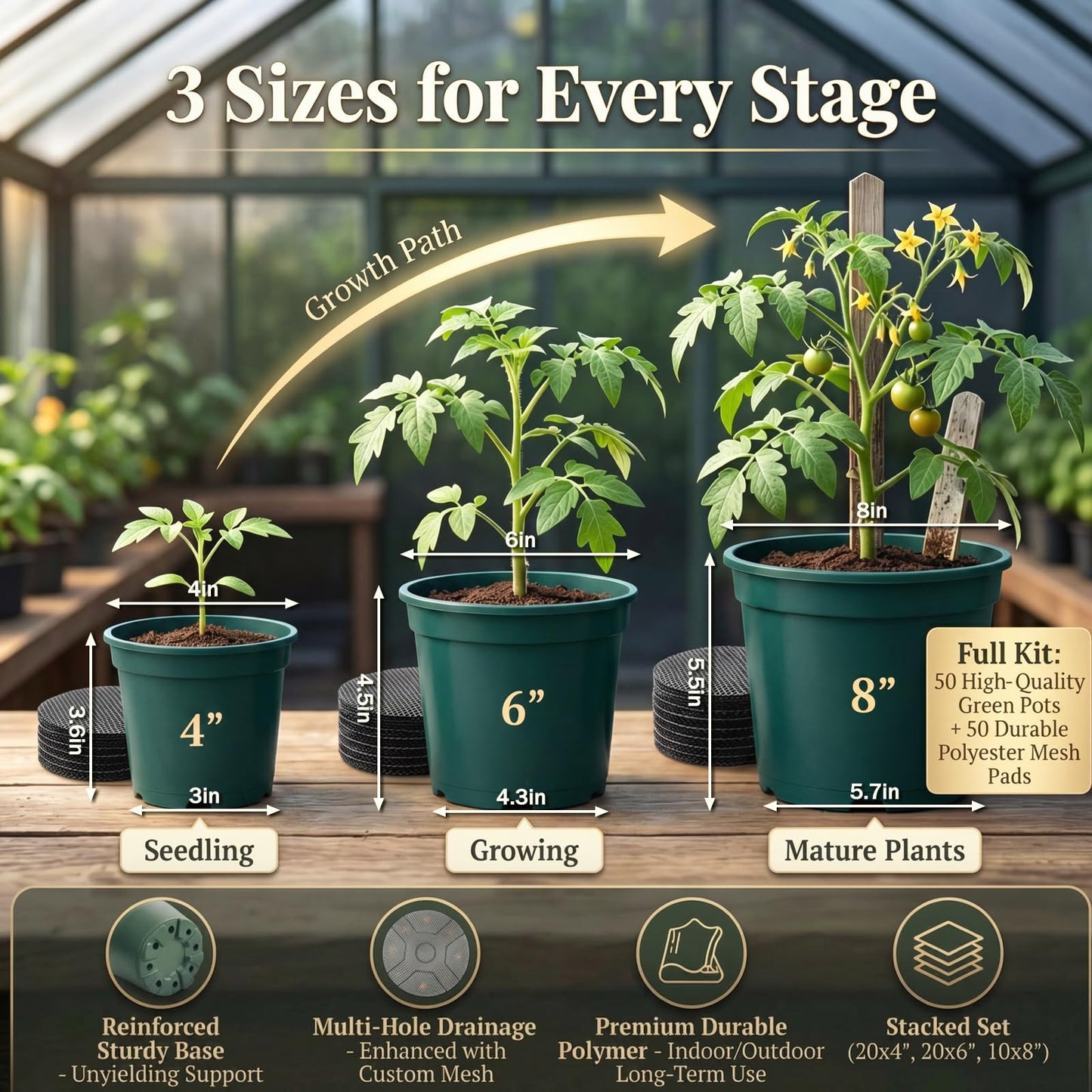 Chumia 50 Set Plastic Nursery Pots with Mesh Pad 4", 6", 8" Grow Sturdy Plastic Plant Pots Drainage Holes for Seed Starting Indoor Outdoor Flower Planter, Green