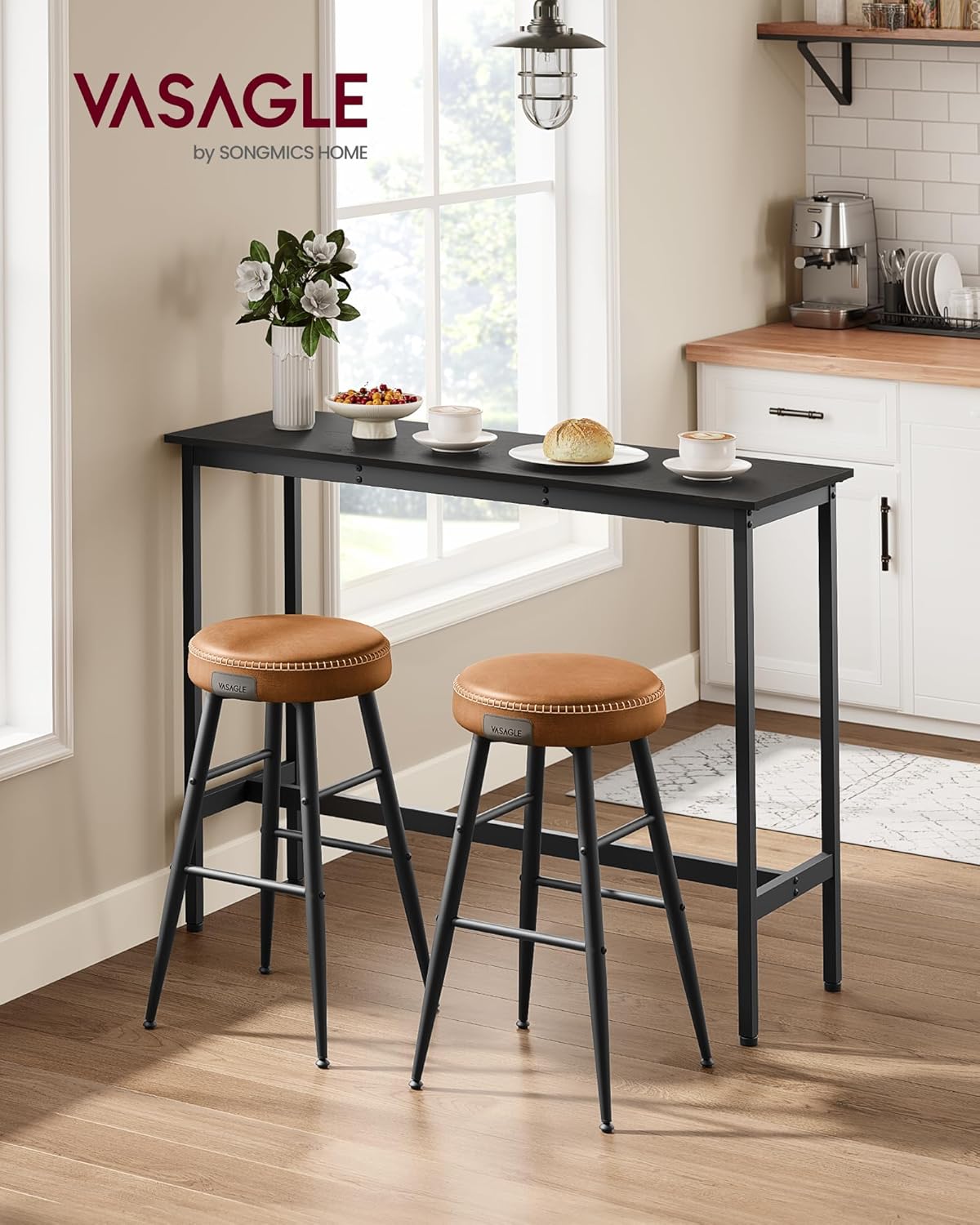 VASAGLE Bar Table, Narrow Long Kitchen Dining Table, Sturdy Metal Frame, Industrial, 15.7 x 47.2 x 35.4 Inches, Ebony Black and Ink Black ULBT120B56