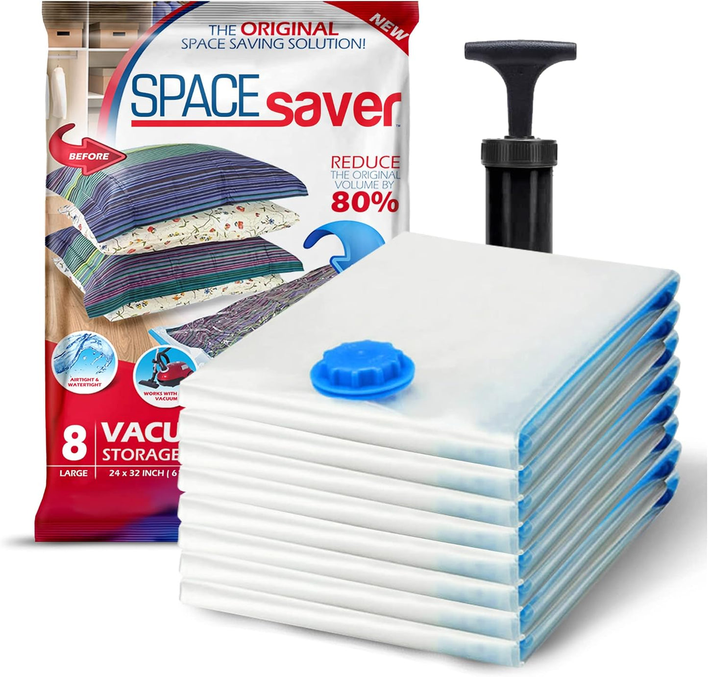 8 Pack Large Vacuum Storage Bags for Comforters, Blankets & Clothes – Vacuum Sealed Compression Bags with Hand Pump – Space Saver Storage Bags for Bedding, Moving, Travel & Organization
