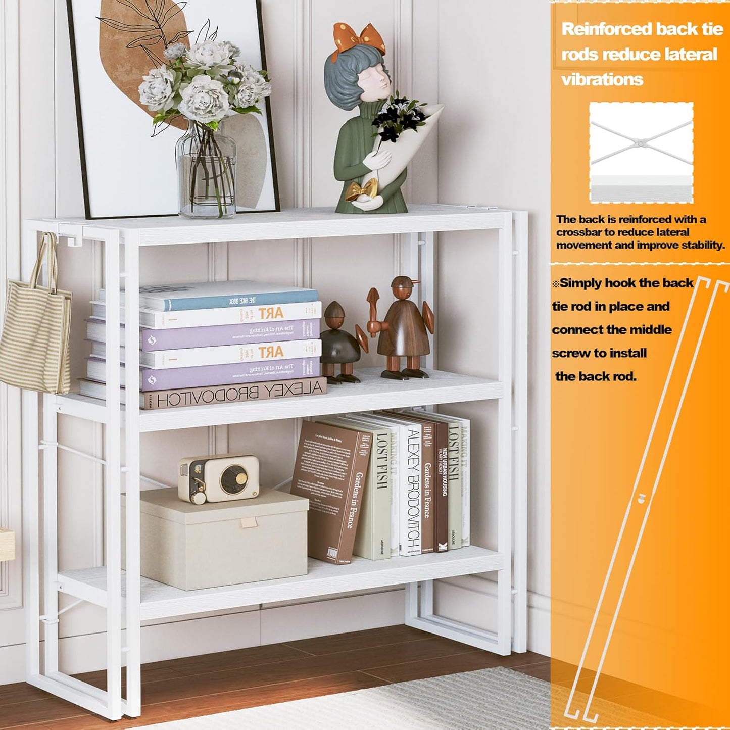 HCHQHS Bookshelf, 3-Tier Industrial Bookcase, White Open Book Shelf, Freestanding Horizontal Bookshelves with Metal Frame