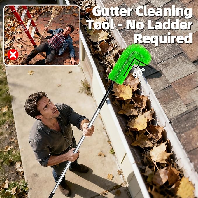 13 FT Gutter Cleaning Tool, Roof Gutter Brush, Clear Leaves from Roof Gutters Without a Ladder, Includes 2 Cleaning Brushes & Green