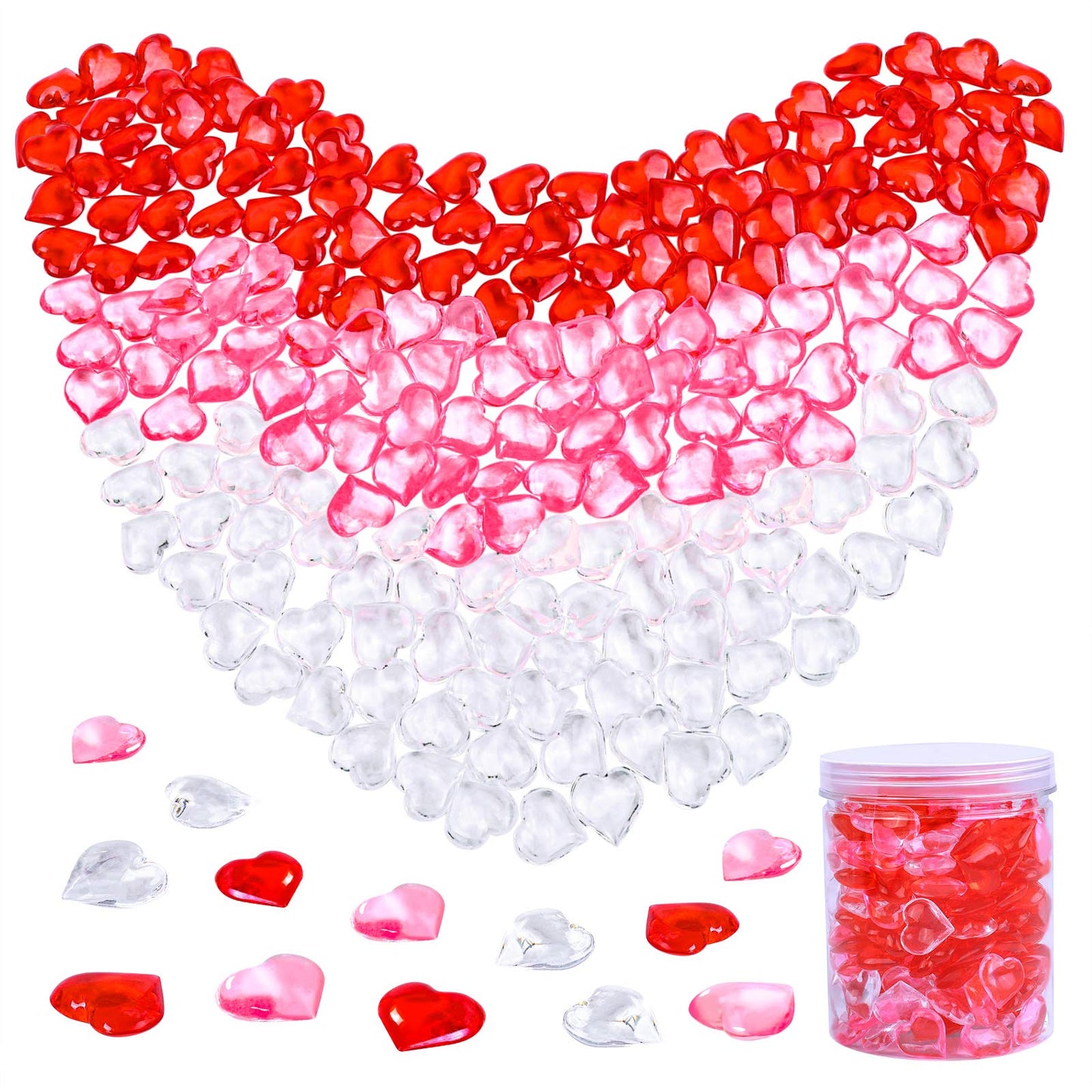 URATOT 240 Pieces Red White Pink Acrylic Heart Gems 1 LB Valentine's Day Decoration Party Table Scatter Decorations with Round Box for Vase Fillers, Valentine's Day, Wedding and Home Decorations