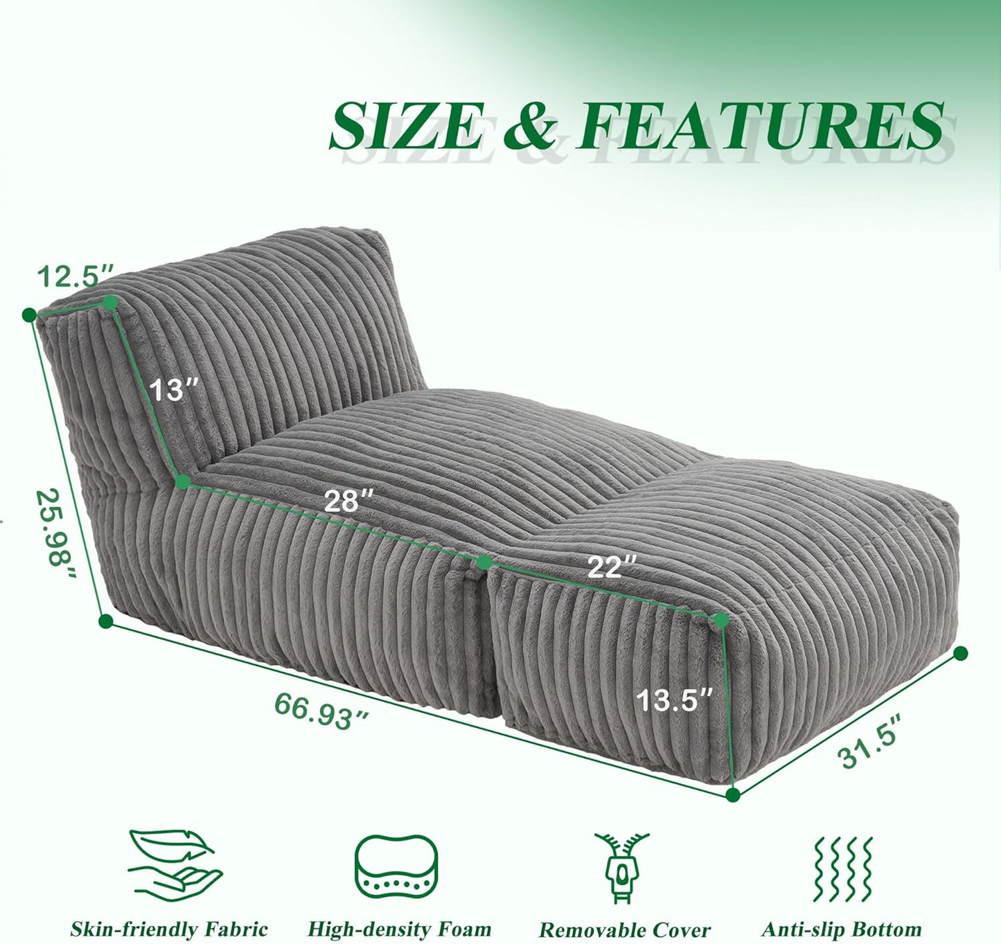 Hobestluk Big Bean Bag Lounger Chairs Large Beanbag Chair for Adults Bean Bag Sofa with Memory Foam Filled for Living Room, Bedroom or Balcony (Stripe Grey)