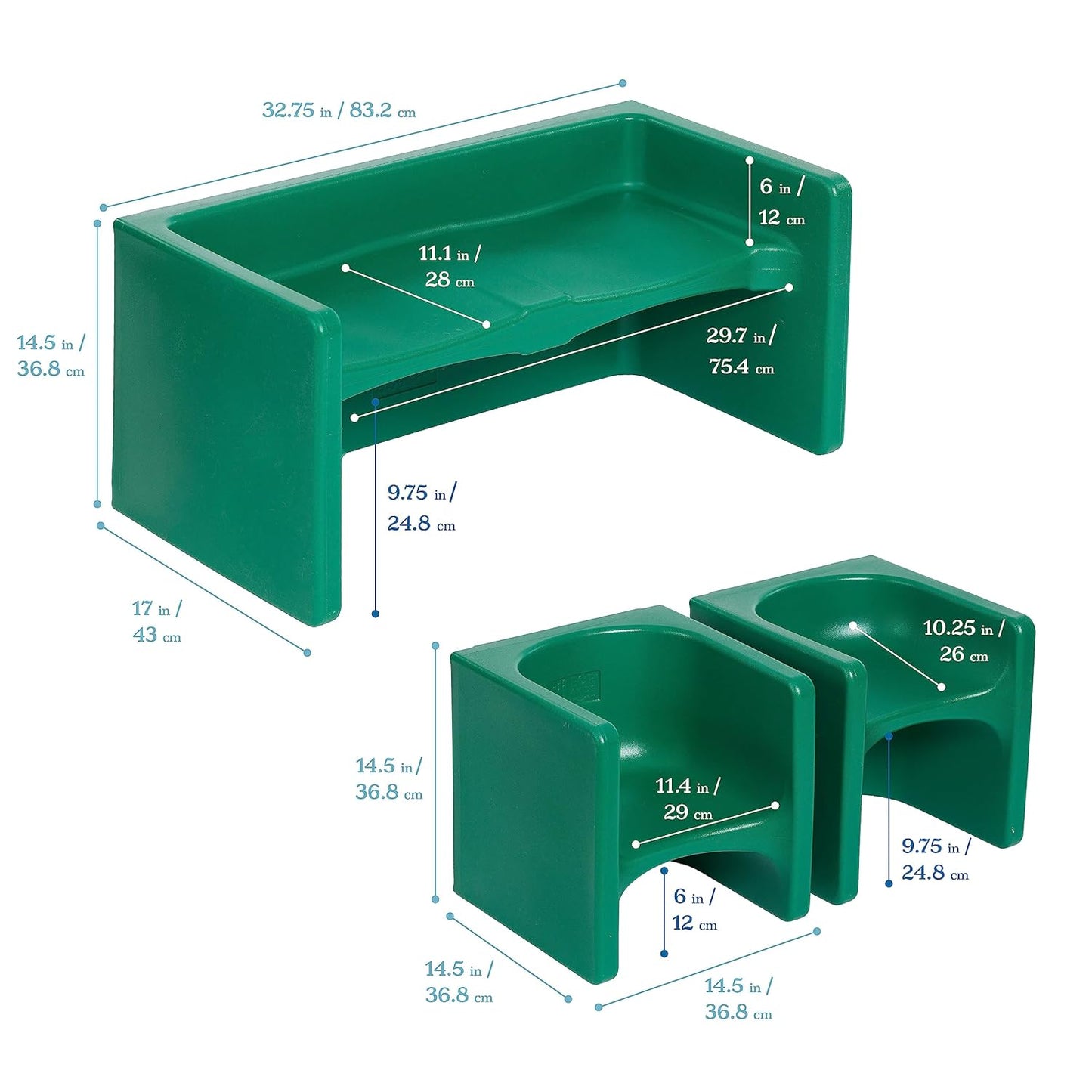 ECR4Kids Tri-Me Table and Cube Chair Set, Multipurpose Furniture, Green, 3-Piece
