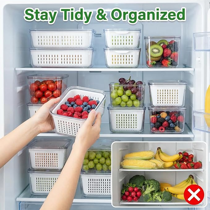 5PCS Fruit Storage Containers for Fridge, Leakproof Produce Containers for Fridge with Removable Colander, All-In-One Fruit Containers Stainers Berry, Fruits, Vegetables, Salad Keeper Local Stock