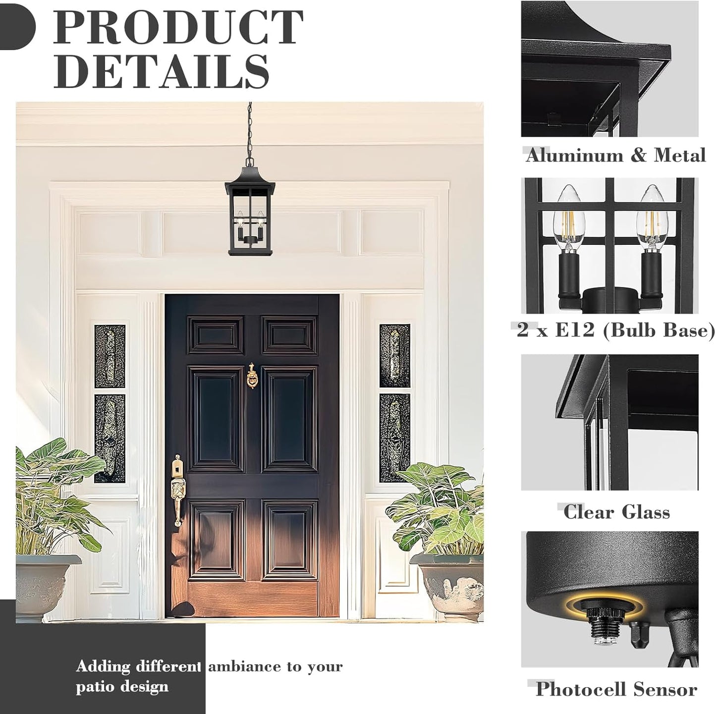 Emliviar Dusk to Dawn 2-Light Large Porch Light Outside Chandelier for Yard, 15.4" Black Hanging Lantern Light Fixture with E12 Base, Clear Glass, YXE306H-M-PC BK