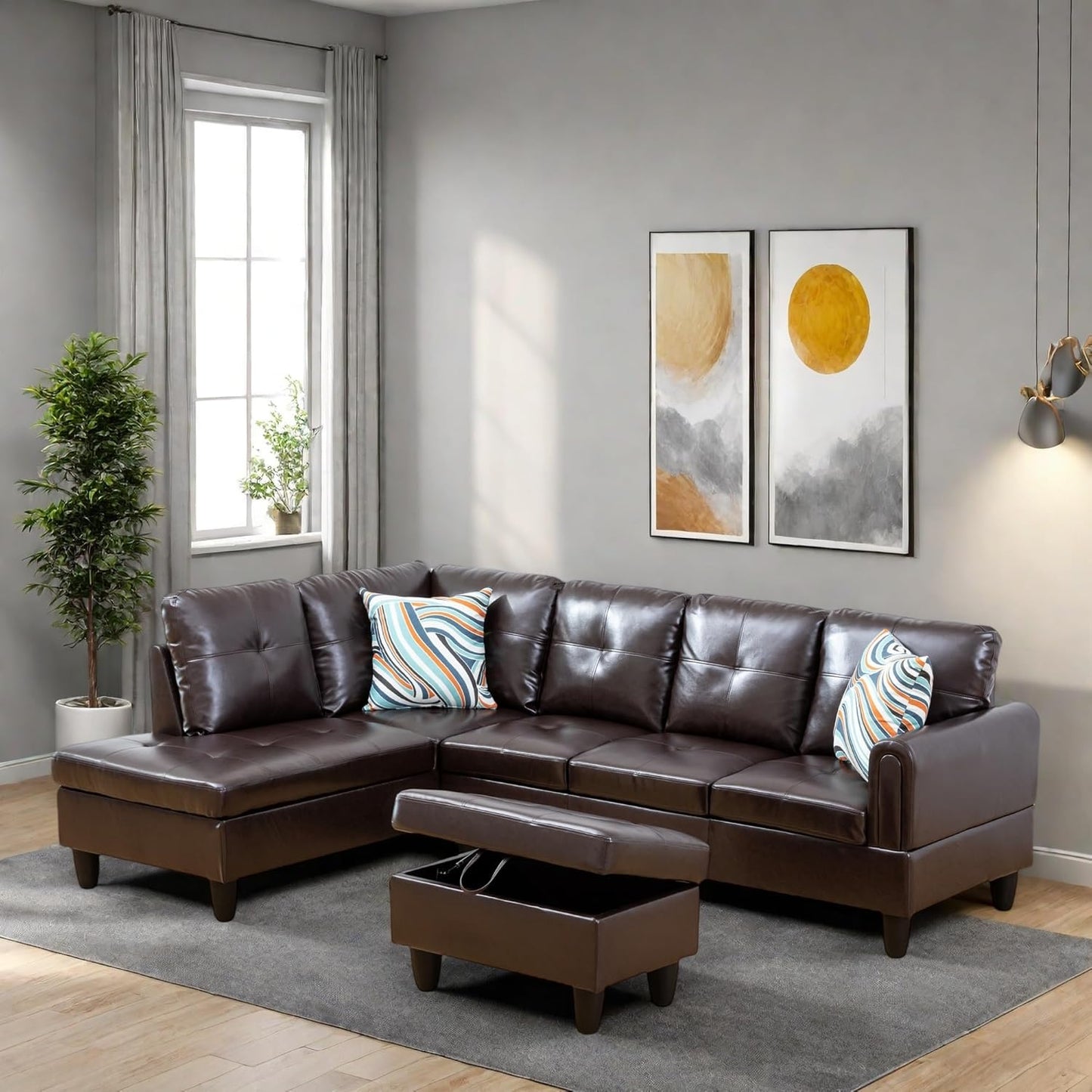 L Shaped Sectional Couches, Modular Sectional Modern Sofa for Living Room Bedroom Furniture, Comfy 4 Seat Couch with Ottoman Storage & Chaise, Brown