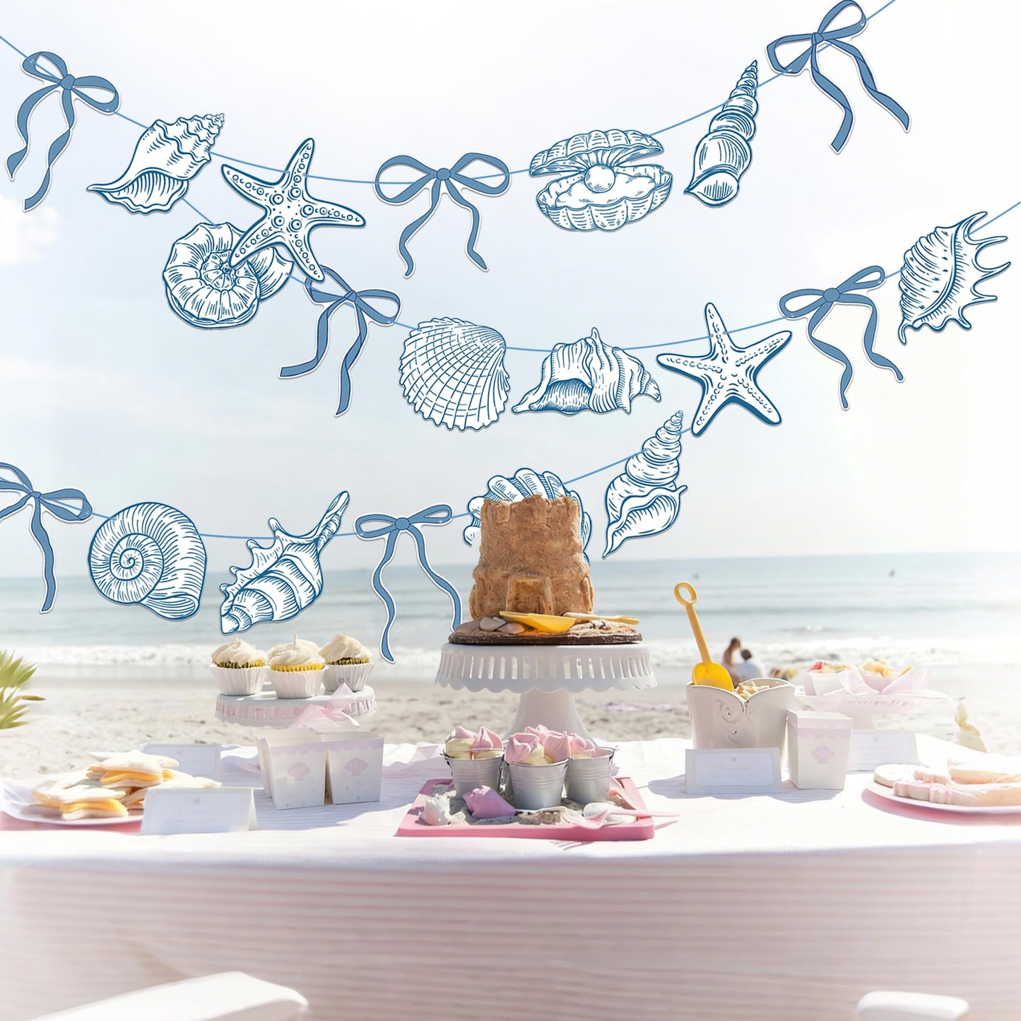 Summer Coastal Beach Party Supplies 3PCS Blue Bow Starfish and Seashell Banners Nautical Party Decor Sea Starfish Seashell Cutout Banner for Baby Shower Wedding Bachelorette Birthday Decorations