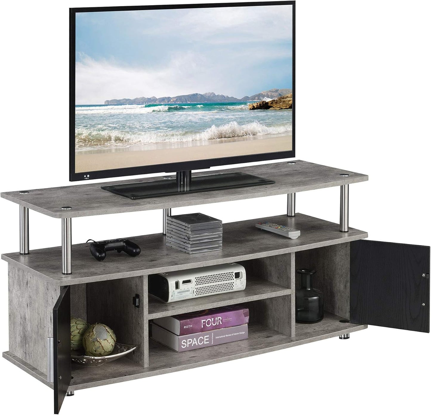 Convenience Concepts Designs2Go Monterey Stand Family Entertainment Center with Storage Cabinets and Shelves, Modern TV Console for Living Room, Office, 47.25", Faux Birch/Black