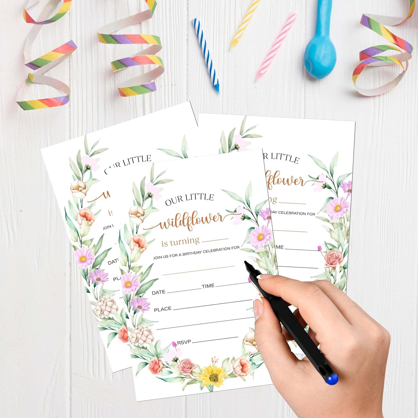 Birthday Invitations for Girls, 20 Flower Invitation Cards with Envelopes, Summer Floral Invites for Girl Party Decorations Favor Supplies - A02