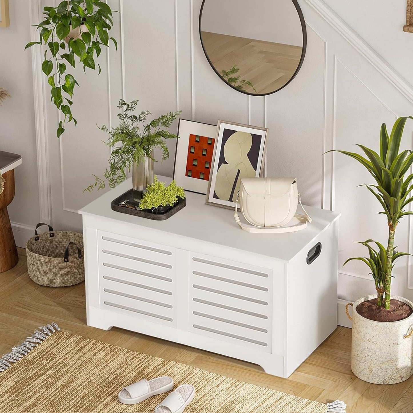 DINZI LVJ Storage Chest, Flip-top Wooden Toy Box Organizer with 2 Safety Hinges, Entryway Shoe Bench, Good Ventilation, Storage Bench for Living Room, Bedroom, Easy Assembly, White