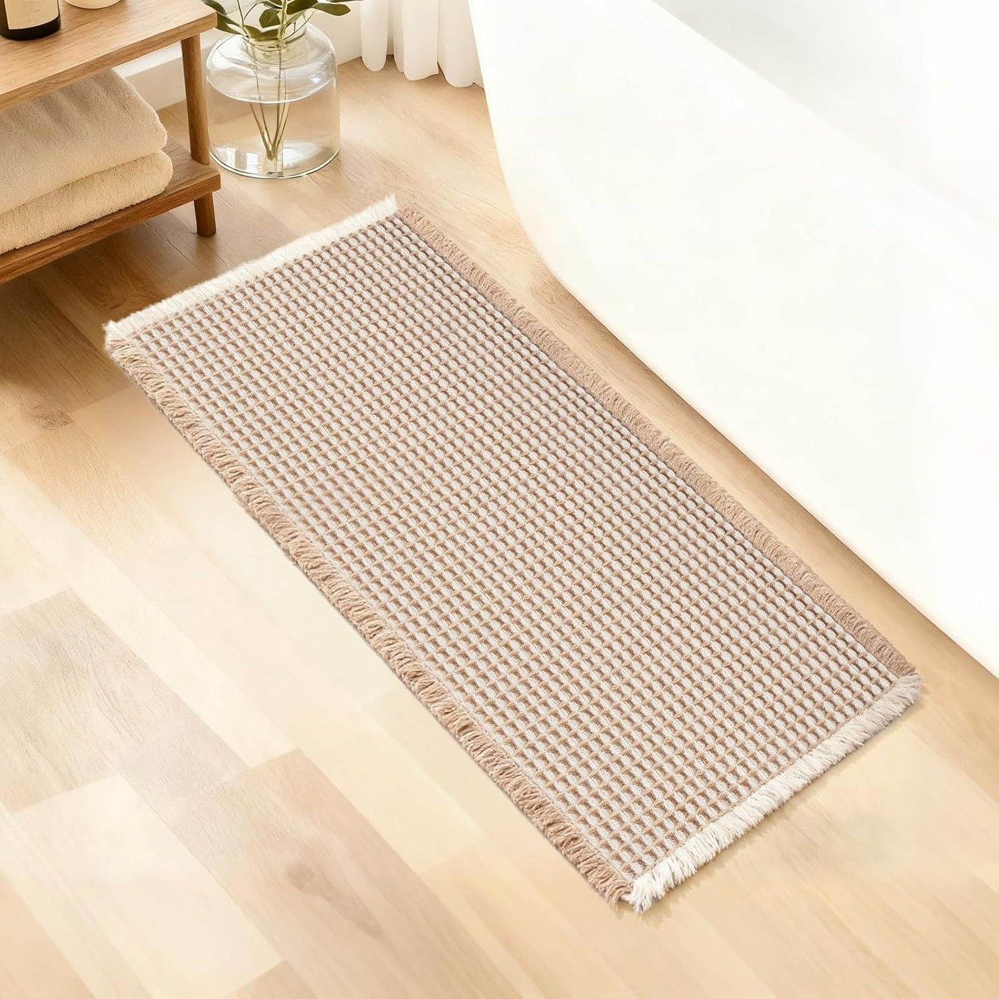 ArtyCozy Waffle Bath Mat, Super Absorbent Soft Non-Slip Boho Bath Rugs with Flat-Woven Hot Glue Backing for Bathroom, Machine Washable Bath Mats, 20" × 47", Brown & White