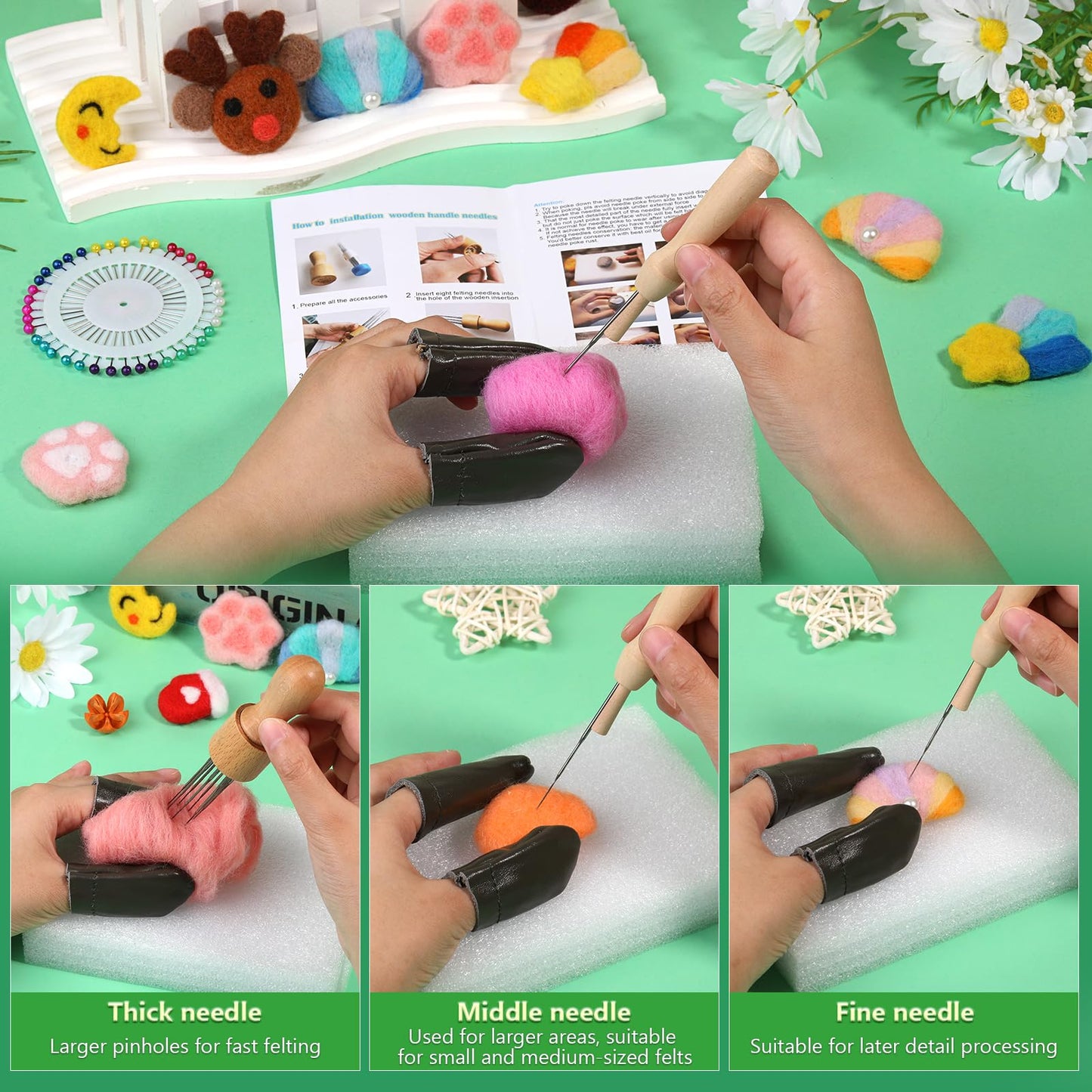 IMZAY Needle Felting Tools, Wool Felting Supplies, Needle Felting Kit with 60 Pcs Needles, Foam Mat, Wooden Handle, Scissors, Perfect for DIY Felting Wool Projects