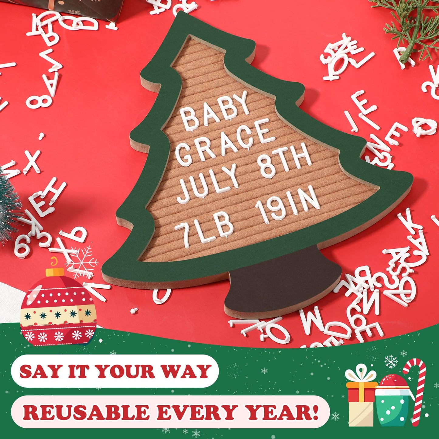 Humyoun Changeable Felt Letter Board with Letters Christmas Tree Designs Photo Props Xmas Supplies Holiday Mugshot Sign Baby Announcement, Message Board Decor Farmhouse Milestones Kids