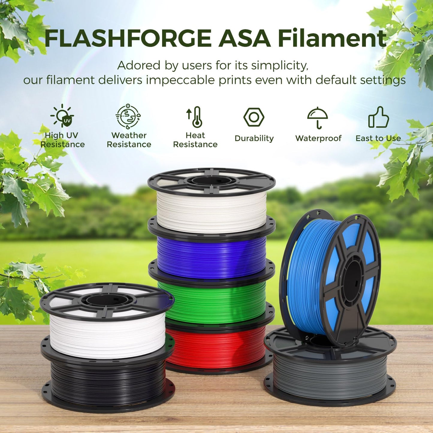 Flashforge Asa Filament 1.75Mm Green, 3D Printer Filament 1Kg (2.2Lbs) Spool, Dimensional Accuracy +/- 0.02Mm, Durable, High Uv-