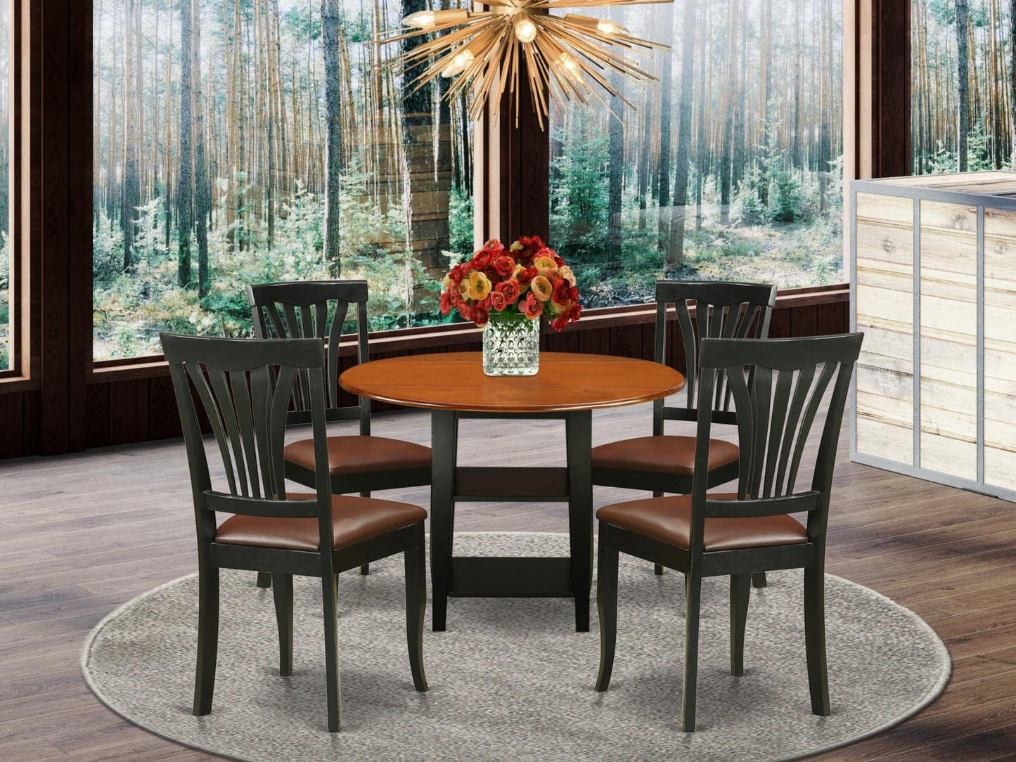 East West Furniture SUAV5-BCH-LC 5 Piece Dining Table Set for 4 Includes a Round Kitchen Table with Dropleaf & Shelves and 4 Faux Leather Dining Room Chairs, 42x42 Inch, Black & Cherry