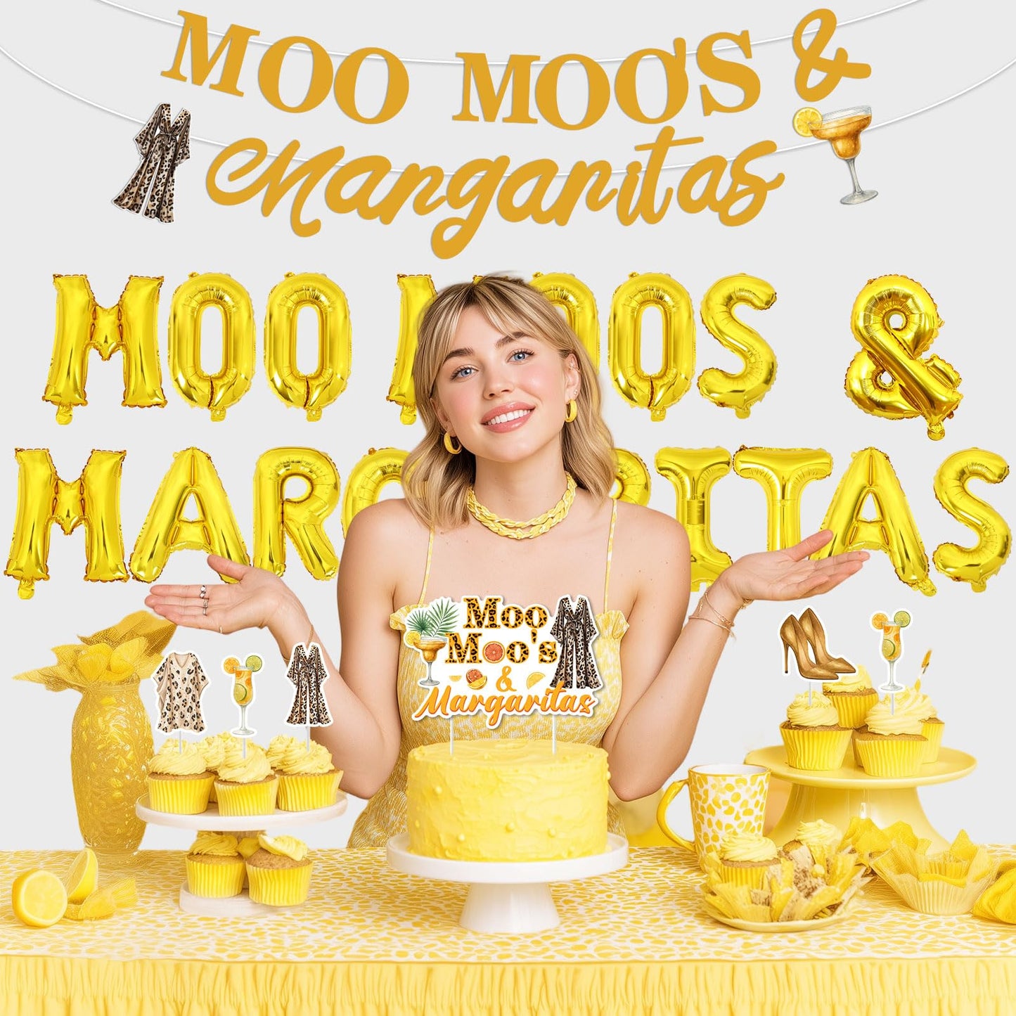 Moo Moos and Margaritas Decorations Gold Moo Moos & Margaritas Foil Balloon Banner Margarita Theme Cake and Cupcake Toppers Kit for Bachelorette Party Ladies Night Bridal Shower Birthday