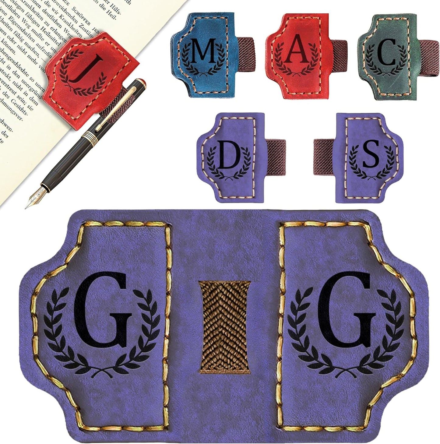 Bygone Mark Bookmark with Pen Holder, 26 Letters Name Initial Personalized Magnetic Bookmarks, Leather Book Mark for Men Women, Travelers Accessories, Teachers Readers Book Lovers Gifts (Purple, G)
