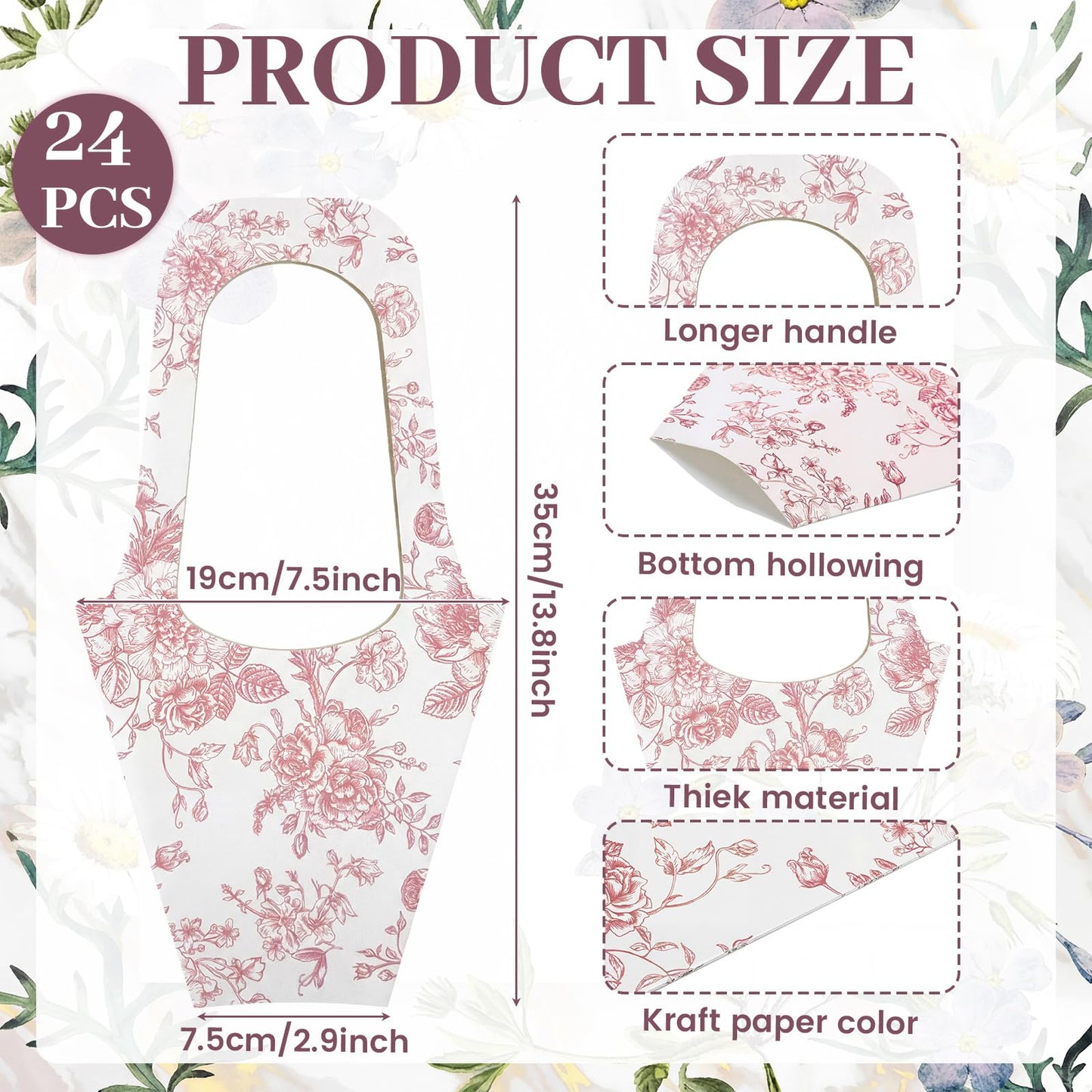 Fullhawl 24 Pack Flower Gift Bags for Bouquet, Craft Paper Flower Bouquet Holders with Handles, Floral Wrapping Bags for Bridal Shower Wedding Bachelorette Engagement Party Supplies(Pink)