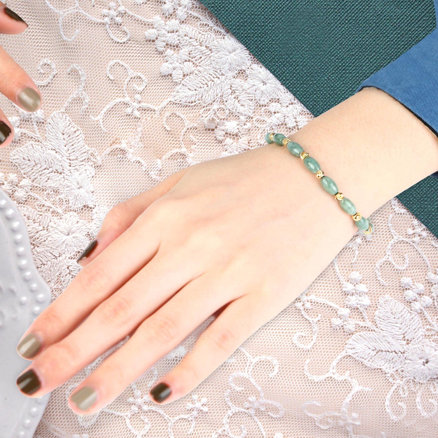 HL1971 Natural Jade Beaded Elastic Bracelet Gradient Green Jade Bead Ladies Bracelet, Suitable for Christmas, Thanksgiving