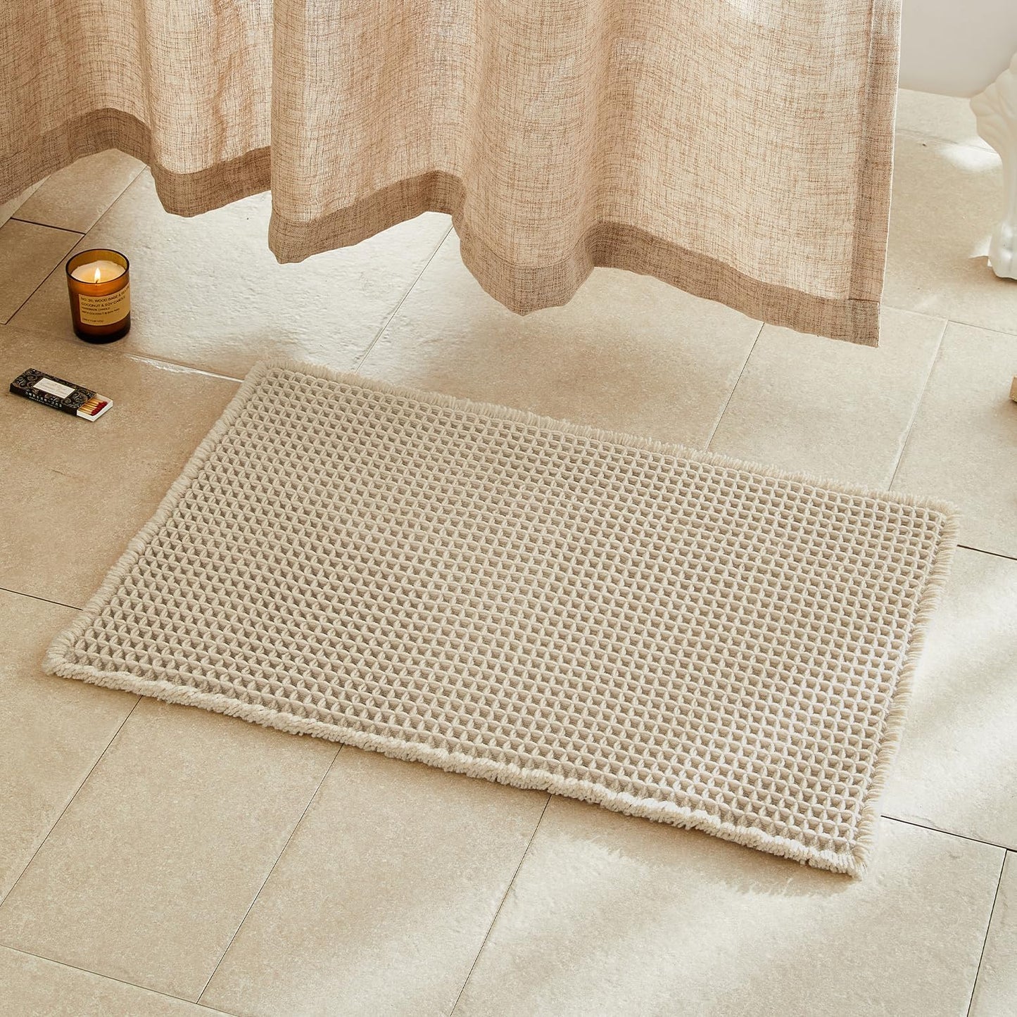 Pale Beige Bathroom Rug, Waffle Bath Mat Non Slip Washable Super Absorbent Quick Dry Boho Farmhouse Bathroom Decor, 30''x20'' Pale Beige