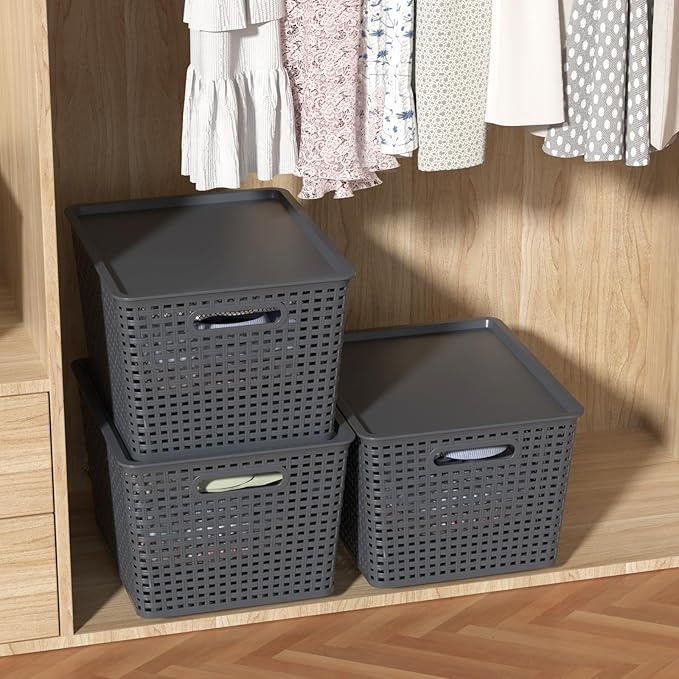 6-Packs Grey Woven Storage Baskets Bins with Lids, Plastic Large Stackable Baskets Box, 13.58'' x 11.42'' x 8.7''