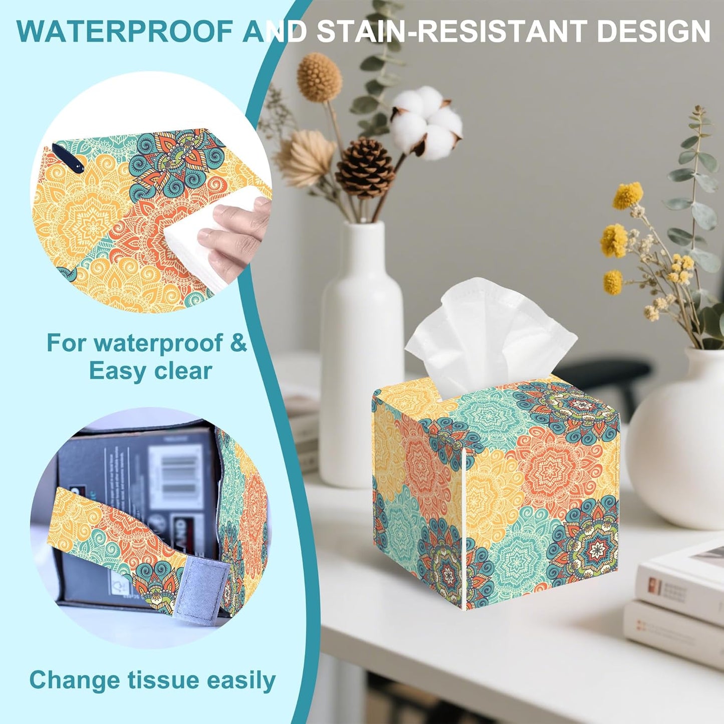 Vintage Floral Motifs Tissue Box Cover Square,Leather Tissue Holder with Bottom Belt,Waterproof Leather Facial Paper Organizer Tissue Box Cover for Office Bathroom Vanity Countertop,5.2" x 5.2" x 5.2"