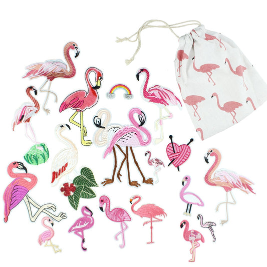 Pink Flamingo Applique Patches Sew on / Iron on Patches For Jeans, Clothes, Jackets, Dress, Hats - 18 pcs Assorted DIY Embroidery Patches Stickers Kit For Decoration - with Flamingo Storage Bag