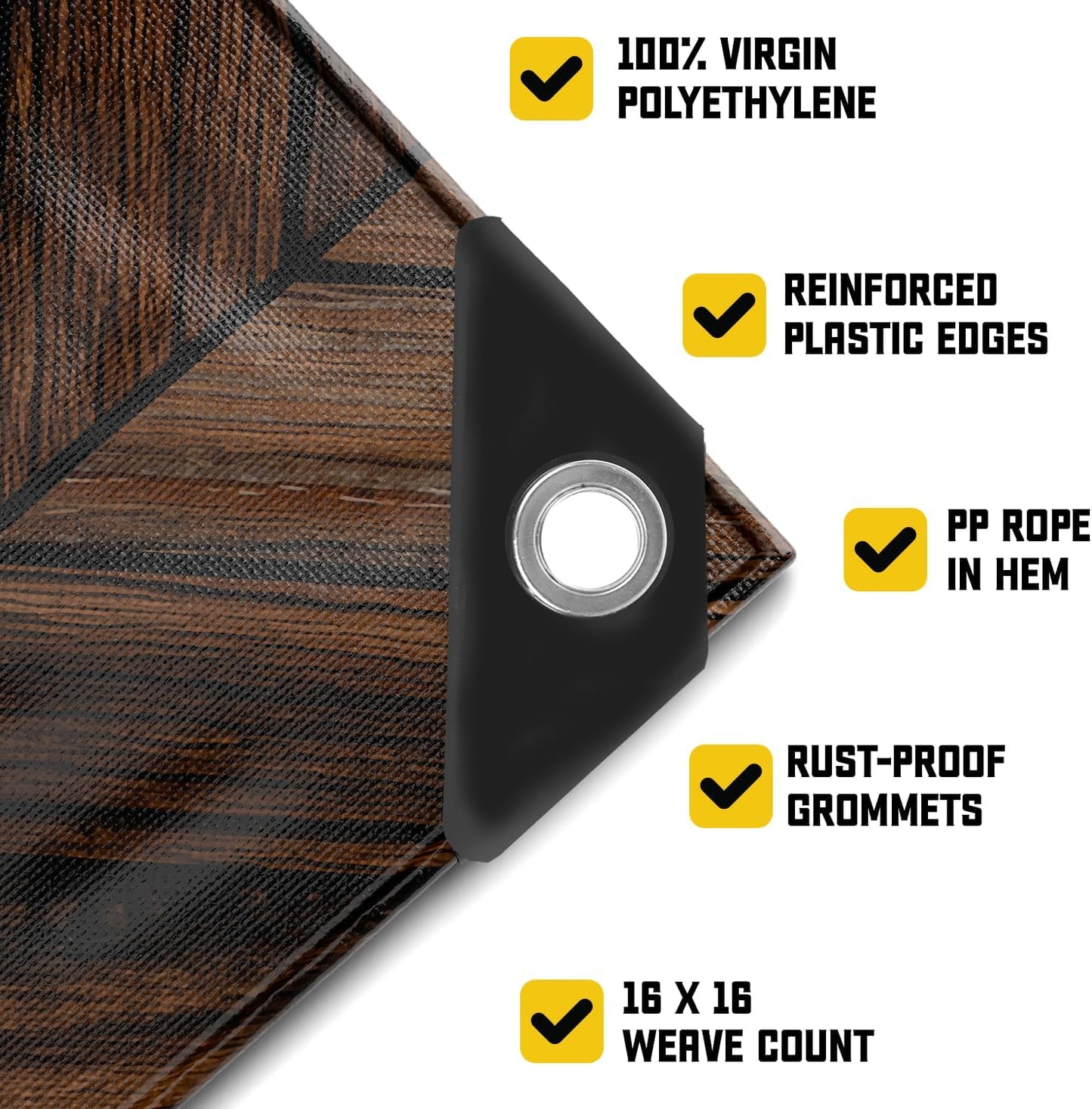 Core Tarps Extreme Heavy Duty 20 Mil Tarp Cover, Waterproof, UV Resistant, Rip and Tear Proof, Poly Tarpaulin with Reinforced Edges for Roof, Camping, Patio, Pool, Boat (Brown Wood/Black 24′ X 30′)