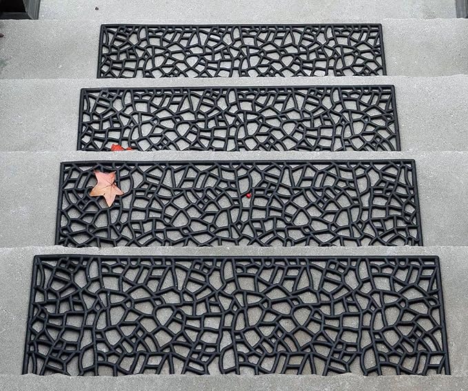 Set of 4 Rubber Stair Tread Mats 30 x 10 Inch Anti-Slip Outdoor Rug, Black – Web Pattern