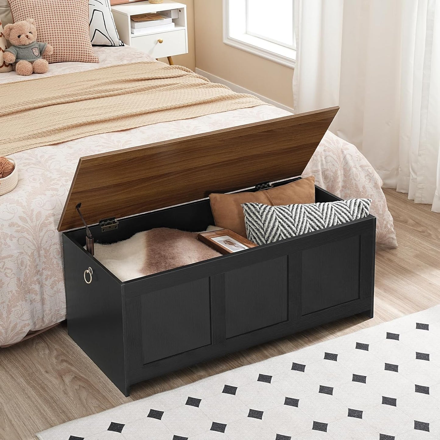 HOOBRO Storage Bench, 39.3" Retro Wooden Storage Chest, Wooden Storage Trunk, Toy Chest with Lift Top, Multifunctional Entryway Organizer, for Entryway, Living Room, Black and Walnut BH141CW01